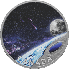 Front of pure silver coin with &quot;Canada&quot; text and a space-view depiction of a starry sky and moon above Pingualuit Crater Lake. 
