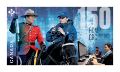 The Royal Canadian Mounted Police 150th anniversary stamp features an officer on horseback, an officer wearing a blue hat and hooded jacket 