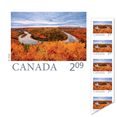 Strip of 10 oversized rate stamps featuring image of Restigouche River in New Brunswick.