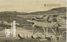 A greyscale, historical aviation land and waterscape scene depicting a docked floatplane, cargo and two people.  