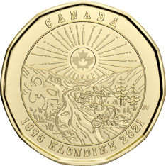 Gold-coloured coin. Depicts a group gold-panning under the sun. Edge text includes &quot;Canada,&quot; and &quot;1896 Klondike 2021.&quot;