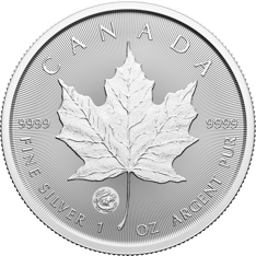 Silver coin with a maple leaf and a dragon privy mark. Text: &quot;Canada&quot;, &quot;9999&quot;, &quot;1 oz Fine Silver&quot;.