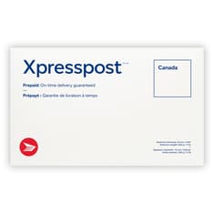 Xpresspost white and blue Canada Post envelope with “Canada” and “Prepaid” text. Dimensions allowance at the bottom.