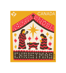 &quot;Away in a Manger&quot; stamp. Depicts illustration of Baby Jesus and the Christmas star. Stars spell Christmas and Noël.