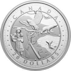 The coin’s reverse presents an artistic representation of Canada’s Arctic coast featuring a berry picker and multiple animals.