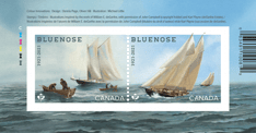 Souvenir sheet with &quot;Bluenose,&quot; and &quot;Canada&quot; text, and a pane of 2 stamps with a waterscape of 3 sailboats and 2 rowboats. 