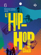 Front of a stamp booklet. Depicts bold, yellow text – “Hip-Hop in Canada” – with images of performers and features “Canada” and “Permanent™ stamps.”
