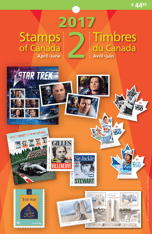Front of pack. Depicts a collage of collection stamps and &quot;Stamps of Canada,&quot; &quot;April-June,&quot; &quot;2017&quot;