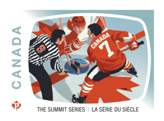 Stamp, with an illustration of a face-off with a Canadian and a USSR hockey player, and a referee, with &quot;The Summit Series&quot; text. 
