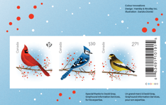 Holiday Birds souvenir sheet, with a pane of 3 stamps of a red cardinal, blue jay, and yellow grosbeak atop a festive winter background.
