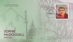 Front features photos of Old St. Louis Roman Catholic Church and original St. Louis Bridge, stamp, cancel, and “Sophie McDougall 1928-2023”.