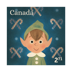 Stamp featuring a playful children&#39;s book-style illustration of a smiling Christmas elf with candy canes on a blue background.