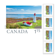 Image of Point Prim lighthouse in PEI with white background with “Canada” and $1.15 in type. 