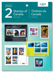 Front of pack. Depicts a collage of collection stamps and &quot;Stamps of Canada,&quot; &quot;April-June,&quot; &quot;2022&quot;