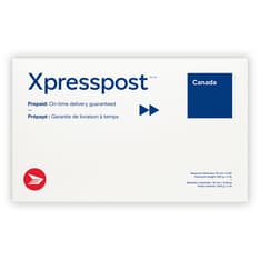 Xpresspost white and blue Canada Post envelope with “Canada” and “Prepaid” text. Dimensions allowance at the bottom.