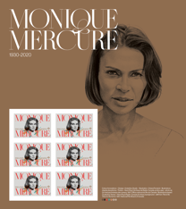 Stamp with &quot;Monique Mercure&quot; text,  4 of her stamps, and an illustrated black-and-white portrait of her atop a sepia background. 