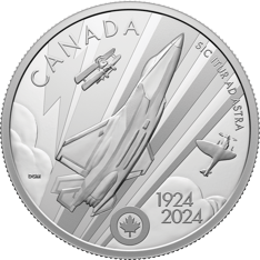 A salute to the Royal Canadian Air Force’s (RCAF) 100 years of service (1924-2024), the reverse spans three different eras of RCAF aircraft history.