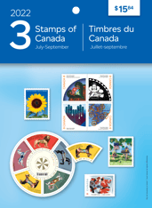 Front of pack. Depicts a collage of collection stamps and &quot;Stamps of Canada,&quot; &quot;July-September,&quot; &quot;2022,&quot; 