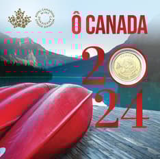 The front of the packaging is showing red canoes on a lake with a mountain background. Text: &quot;O Canada 2024&quot; and the RCM logo.