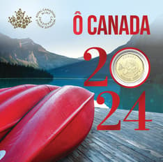 The front of the packaging is showing red canoes on a lake with a mountain background. Text: &quot;O Canada 2024&quot; and the RCM logo.