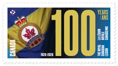 The stamp features The Royal Canadian Legion banner as the backdrop, with a detailed presentation of the Legion badge. 