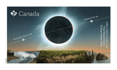 Depicts the total eclipse, its path, Canadian landmarks, and “Canada”, “Niagara Falls ON”, “Bonavista NL”, “April 8, 2024”, “Total Solar Eclipse” text