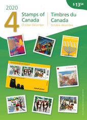 Front of pack. Depicts a collage of collection stamps and &quot;Stamps of Canada,&quot; &quot;October-December,&quot; &quot;2020&quot;