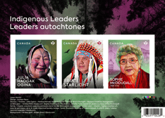Features photo of sky and treetops; Sophie McDougall, Julia Haogak Ogina, Bruce Starlight stamps, “Indigenous Leaders”, bar code and credits.
