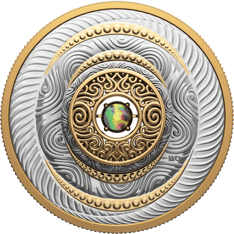 The reverse features an array of line art patterns surrounding the opening at the centre of the coin, where an ammolite, is set in a 3D mount.