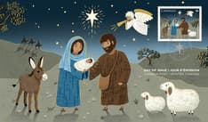 Front of envelope with an image of the stamp showing Mary, Joseph with baby Jesus, beside a donkey and sheep, with the star and angel above. 