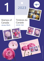 Front of pack. Depicts a collage of collection stamps and &quot;Stamps of Canada,&quot; &quot;January-March,&quot; &quot;2023,&quot; 