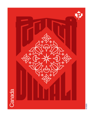 Stamp features Rangoli pattern with word “Diwali” written in Hindi (above) and English (below), “Canada” and “Permanent™” symbol.