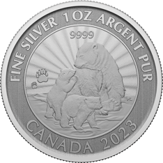 Pure silver coin with &quot;Fine silver 1 oz,&quot; &quot;9999&quot; and &quot;Canada 2023&quot; text, and an image of a polar bear