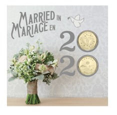 Package featuring pastel flower bouquet with a jute ribbon, and &quot;married in&quot; and &quot;2020&quot; text. 