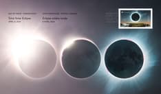 Front of envelope shows three images of sun before and at moment of totality, the stamp, “Total Solar Eclipse April 8, 2024” text