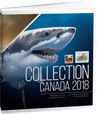 A hardcover book. Depicts the front of a swimming shark, a collage of two stamps, and &quot;Collection Canada 2018&quot; text.