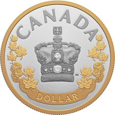 Pure silver and gold-plated coin depicts the Imperial State Crown framed by maple leafs and roses, with &quot;Canada&quot;