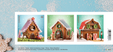 Blue background souvenir sheet with three stamps, featuring decorated gingerbread houses for birds, dogs and reindeer. 