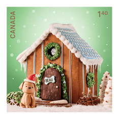 Stamp image featuring gingerbread doghouse with white icing roof and small dog in Santa hat standing outside against green background. 