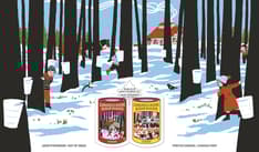 Front view of the OFDC showing a snowy maple forest with children at play, featuring two stamps shaped like syrup cans and maple leaf shaped cancel.