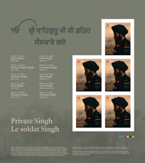 Features 5 stamps, headstone inscription of Pt Gouger Singh, list of Sikh soldiers who served with Canada during WWI, captions and credits. 