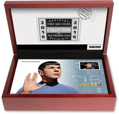An open, mahogany-toned presentation box displays a Star Trek &quot;Spok&quot; cover with &quot;Official First Day Cover Collection&quot; 