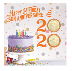 Colourful, festive, cake-themed package with &quot;happy birthday&quot; and &quot;2020&quot; text. Gold-coloured $1 coins occupy each 0.