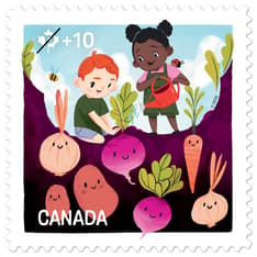 A stamp showing children tending to a multi-coloured vegetable garden with +10 text.