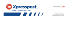White, red and blue Canada Post envelope with &quot;XpresspostTM 2 days,&quot; &quot;National&quot; and &quot;Prepaid&quot; text.