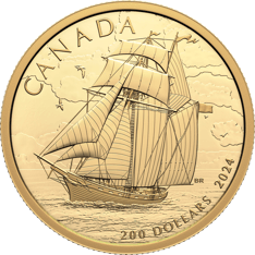 Features a three-quarter view of a two-mast topsail schooner heeled over and with all sails set to catch the wind. Text: CANADA, 200 DOLLARS, 2024.