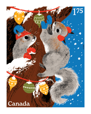 Stamp image depicts two squirrels wearing mittens decorating a tree against a blue background and features “Canada” and “$1.75” text.