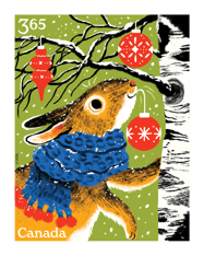 Stamp image depicts a rabbit wearing a blue scarf decorating a birch tree against a green background and features “Canada” and “$3.65” text.