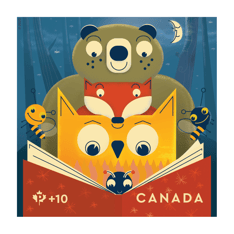 The 2023 Canada Post Community Foundation stamp features a bear, fox and an owl lining up to read a storybook together.