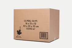 Brown, corrugated box with dimensions, logo of maple leaf, barcode, and &quot;1.5 PDS. CU. FT&quot; and &quot;Made in Canada&quot; text. 